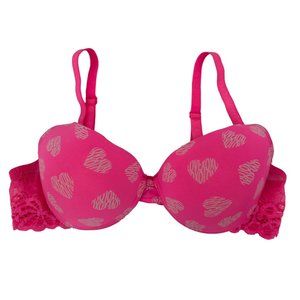 XOXO Womens Pink Heart Valentine Lace Padded Plunge Underwire Bra Sz 34C